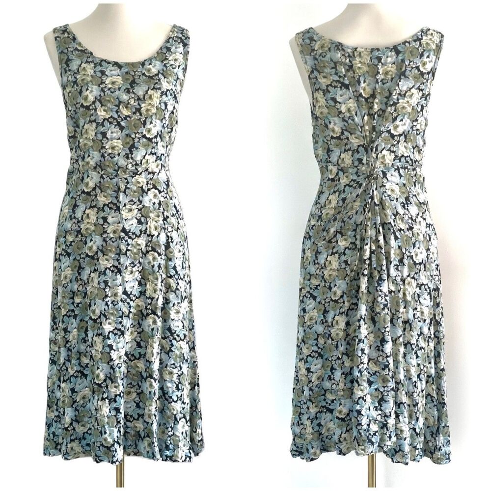 Vintage All That Jazz Black Blue Floral Lace-Up A-Line Flowy Midi Dress Womens M